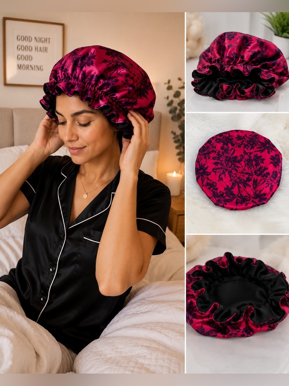 Reversible Satin Sleep Bonnet Hair Cap – Pink Floral & Black